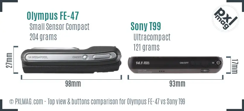 Olympus FE-47 vs Sony T99 top view buttons comparison