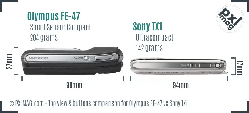 Olympus FE-47 vs Sony TX1 top view buttons comparison