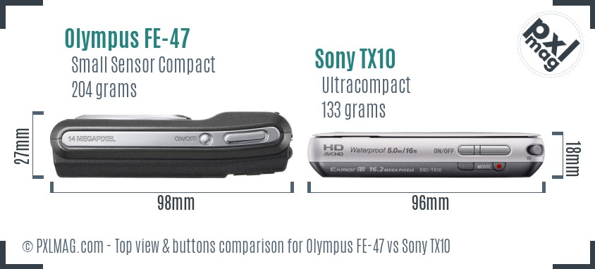 Olympus FE-47 vs Sony TX10 top view buttons comparison