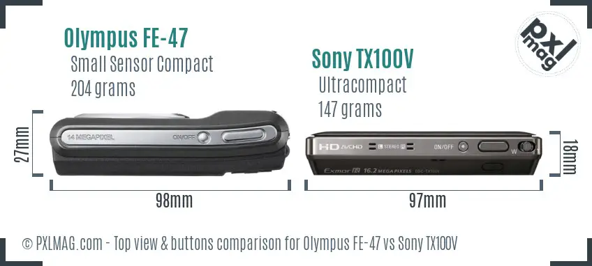 Olympus FE-47 vs Sony TX100V top view buttons comparison