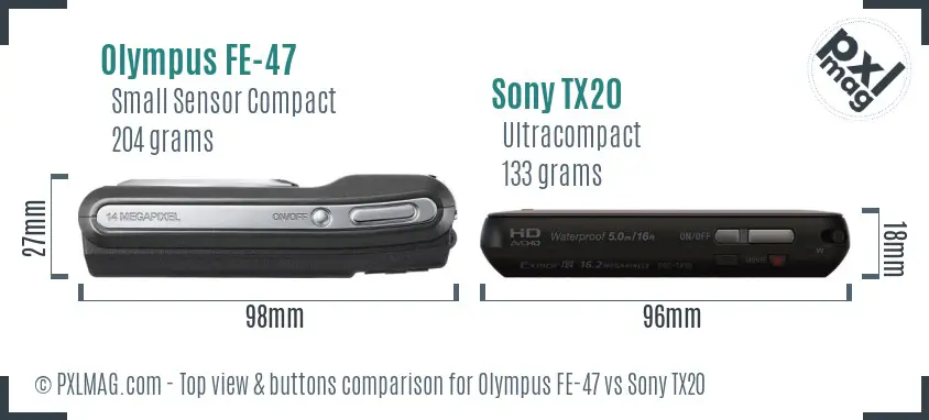 Olympus FE-47 vs Sony TX20 top view buttons comparison