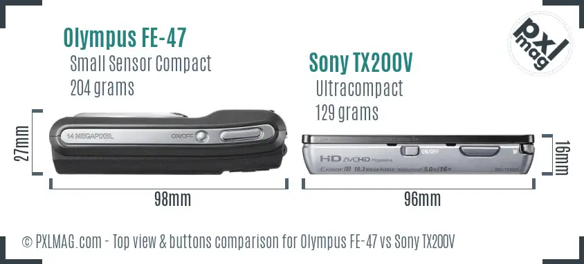 Olympus FE-47 vs Sony TX200V top view buttons comparison Olympus FE-47 vs Sony TX200V top view buttons comparison