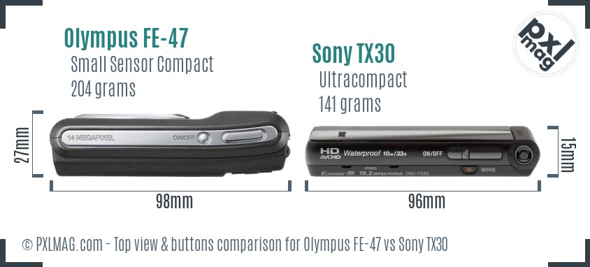 Olympus FE-47 vs Sony TX30 top view buttons comparison