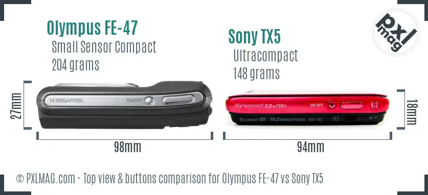 Olympus FE-47 vs Sony TX5 top view buttons comparison