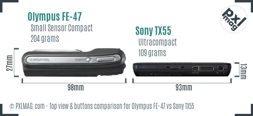 Olympus FE-47 vs Sony TX55 top view buttons comparison