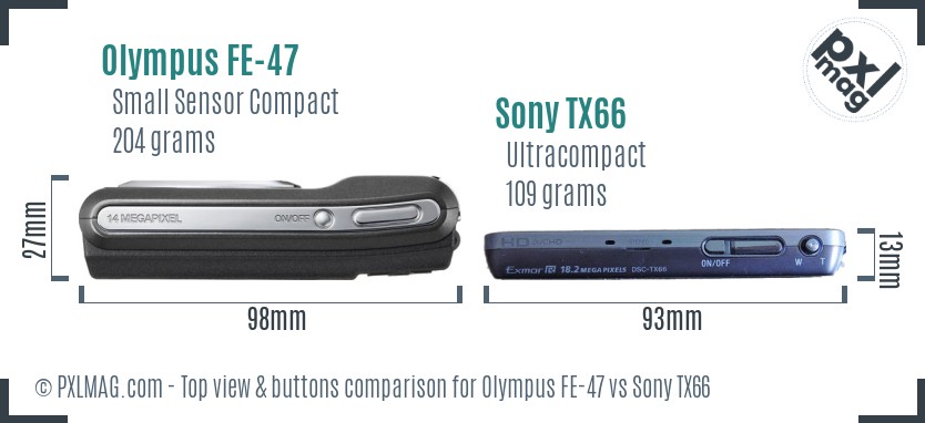 Olympus FE-47 vs Sony TX66 top view buttons comparison