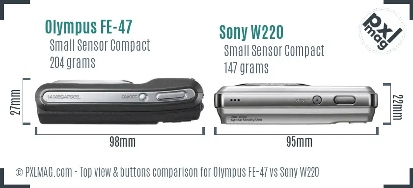 Olympus FE-47 vs Sony W220 top view buttons comparison