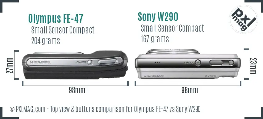 Olympus FE-47 vs Sony W290 top view buttons comparison