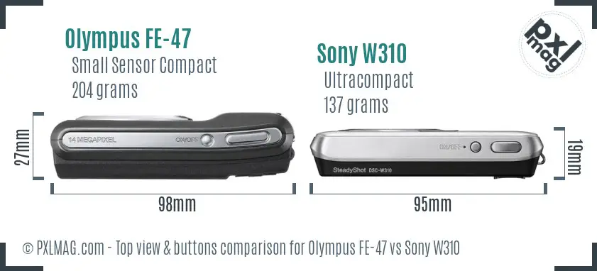 Olympus FE-47 vs Sony W310 top view buttons comparison