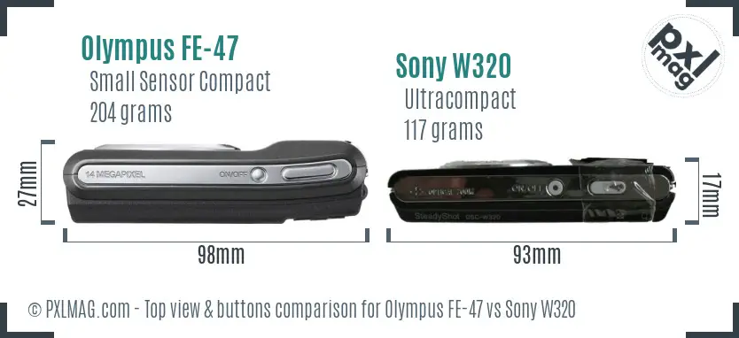 Olympus FE-47 vs Sony W320 top view buttons comparison Olympus FE-47 vs Sony W320 top view buttons comparison