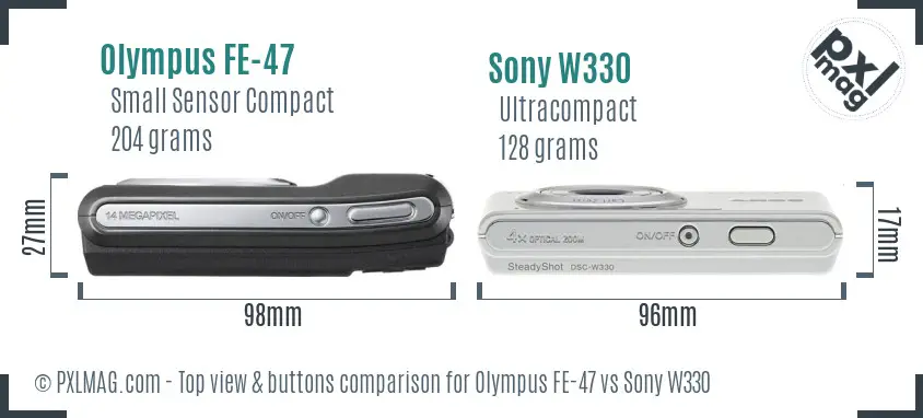 Olympus FE-47 vs Sony W330 top view buttons comparison