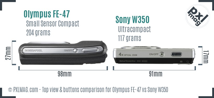 Olympus FE-47 vs Sony W350 top view buttons comparison