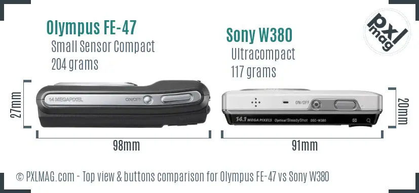 Olympus FE-47 vs Sony W380 top view buttons comparison