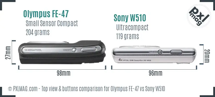 Olympus FE-47 vs Sony W510 top view buttons comparison