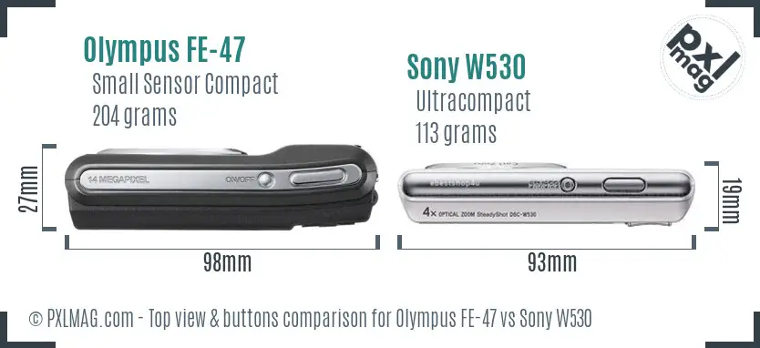 Olympus FE-47 vs Sony W530 top view buttons comparison