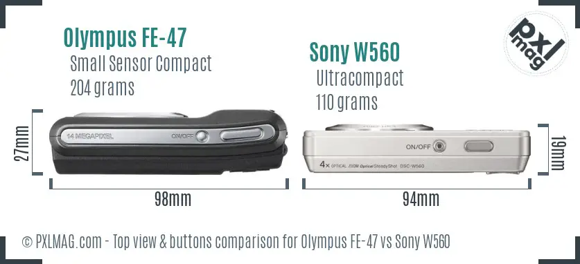 Olympus FE-47 vs Sony W560 top view buttons comparison