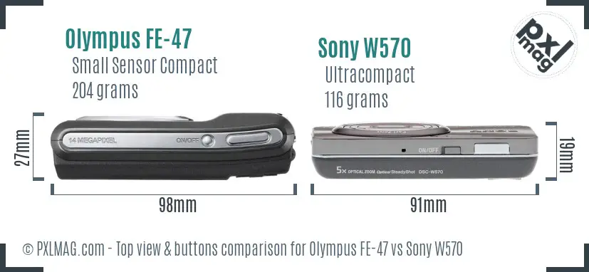 Olympus FE-47 vs Sony W570 top view buttons comparison