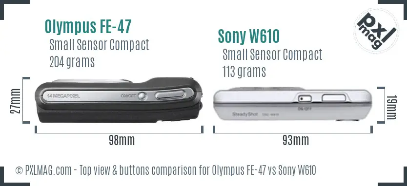 Olympus FE-47 vs Sony W610 top view buttons comparison