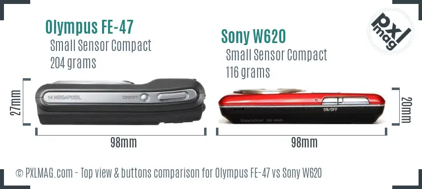 Olympus FE-47 vs Sony W620 top view buttons comparison