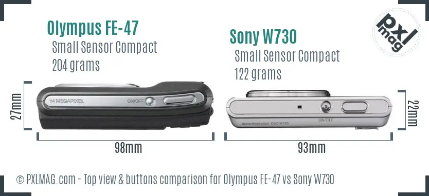 Olympus FE-47 vs Sony W730 top view buttons comparison