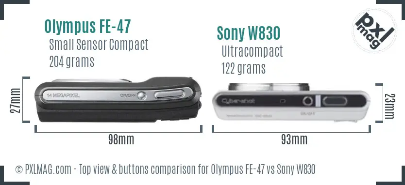 Olympus FE-47 vs Sony W830 top view buttons comparison