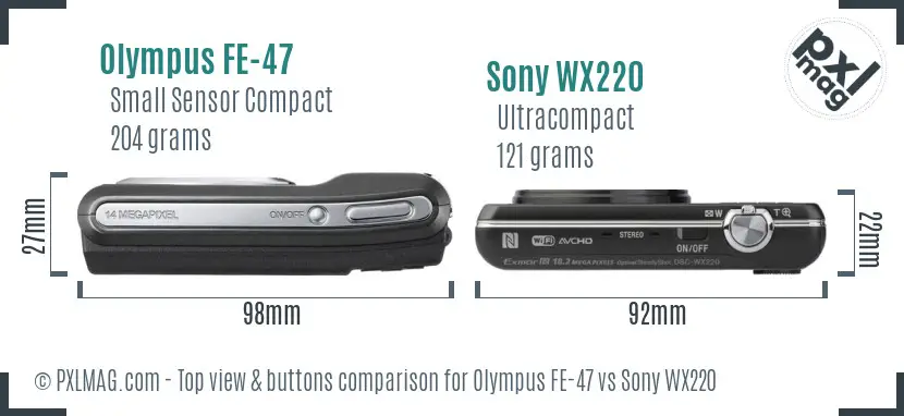 Olympus FE-47 vs Sony WX220 top view buttons comparison