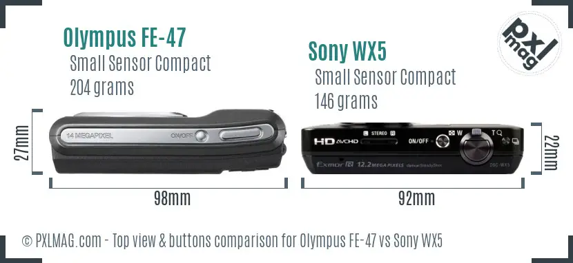 Olympus FE-47 vs Sony WX5 top view buttons comparison