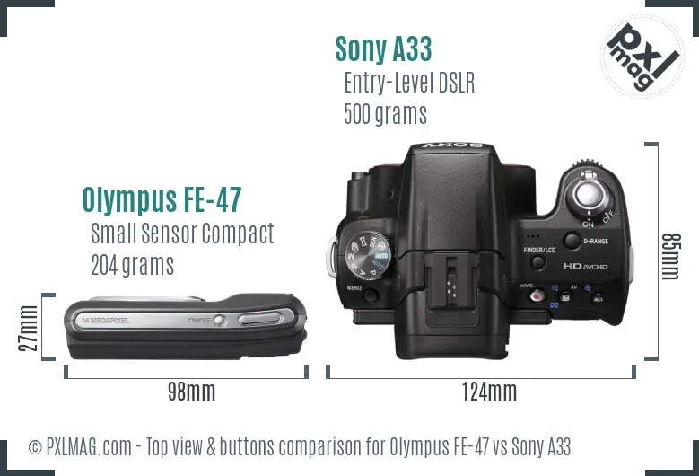 Olympus FE-47 vs Sony A33 top view buttons comparison