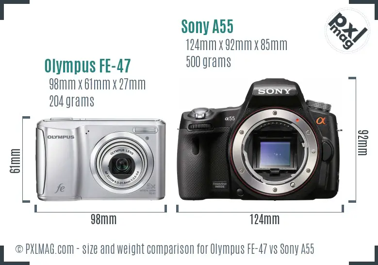 Olympus FE-47 vs Sony A55 size comparison