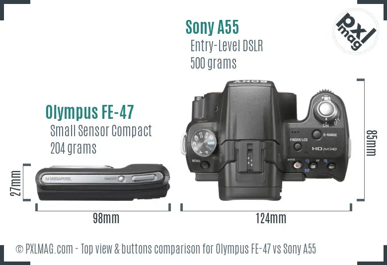 Olympus FE-47 vs Sony A55 top view buttons comparison