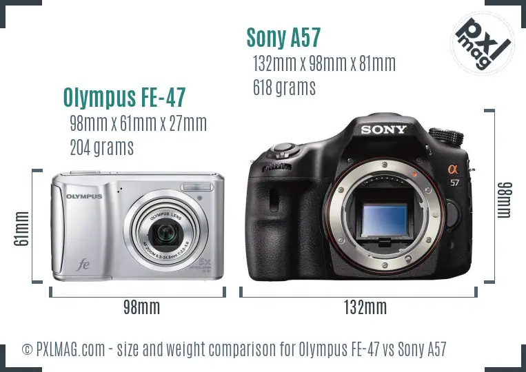 Olympus FE-47 vs Sony A57 size comparison