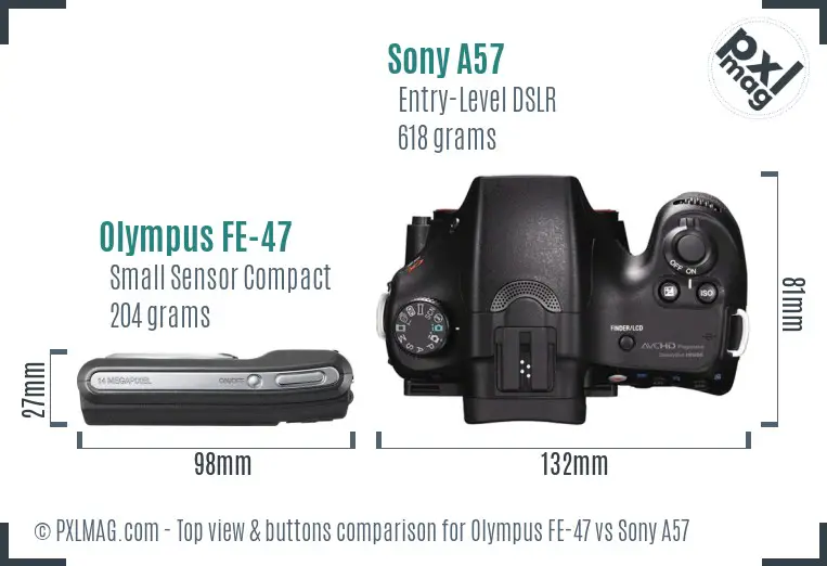 Olympus FE-47 vs Sony A57 top view buttons comparison