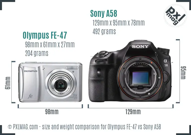 Olympus FE-47 vs Sony A58 size comparison