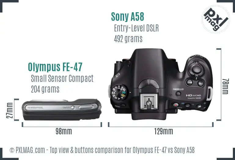 Olympus FE-47 vs Sony A58 top view buttons comparison