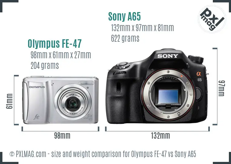 Olympus FE-47 vs Sony A65 size comparison