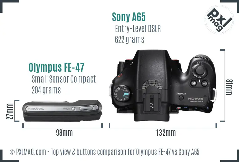 Olympus FE-47 vs Sony A65 top view buttons comparison