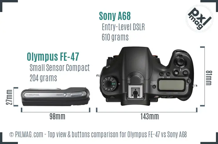 Olympus FE-47 vs Sony A68 top view buttons comparison