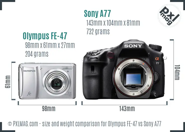 Olympus FE-47 vs Sony A77 size comparison