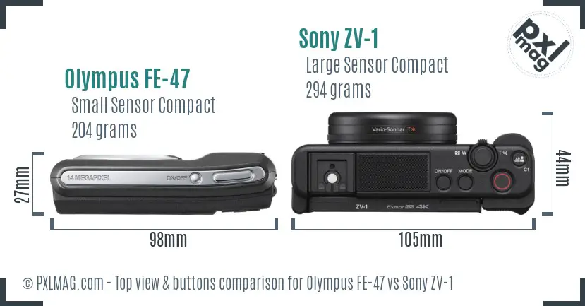 Olympus FE-47 vs Sony ZV-1 top view buttons comparison