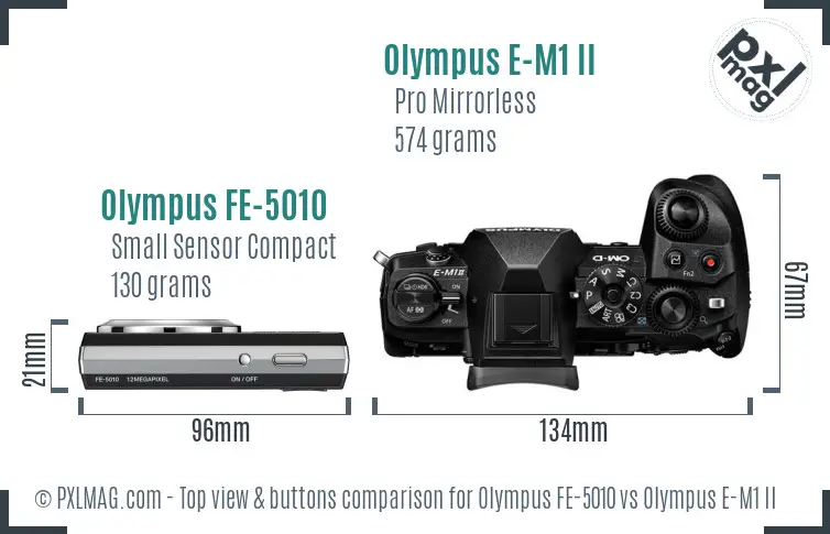 Olympus FE-5010 vs Olympus E-M1 II top view buttons comparison