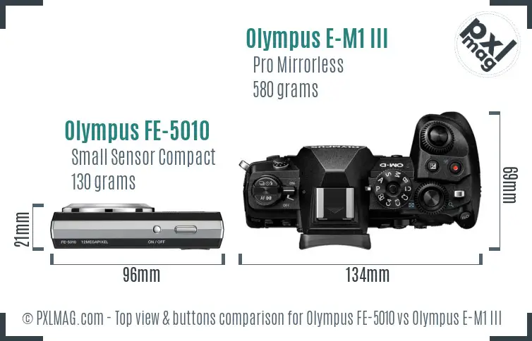 Olympus FE-5010 vs Olympus E-M1 III top view buttons comparison