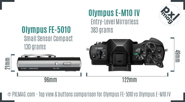 Olympus FE-5010 vs Olympus E-M10 IV top view buttons comparison