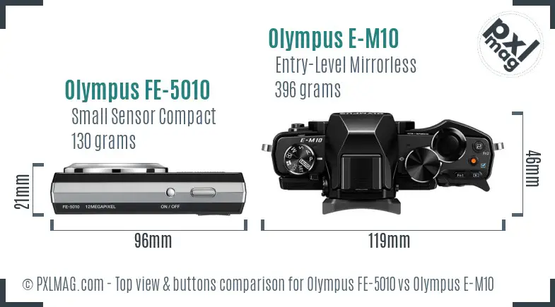 Olympus FE-5010 vs Olympus E-M10 top view buttons comparison