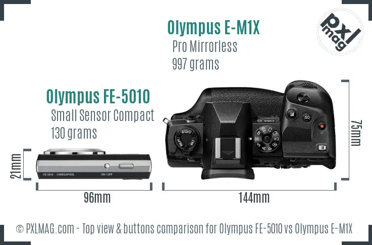 Olympus FE-5010 vs Olympus E-M1X top view buttons comparison