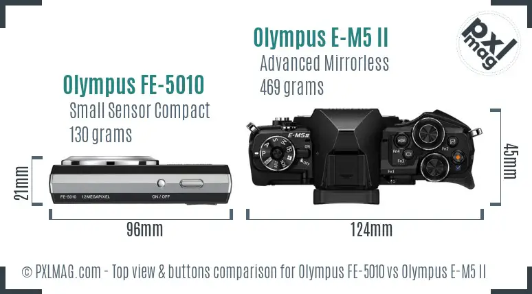 Olympus FE-5010 vs Olympus E-M5 II top view buttons comparison
