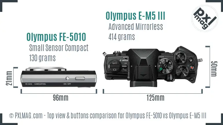 Olympus FE-5010 vs Olympus E-M5 III top view buttons comparison