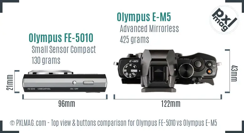 Olympus FE-5010 vs Olympus E-M5 top view buttons comparison