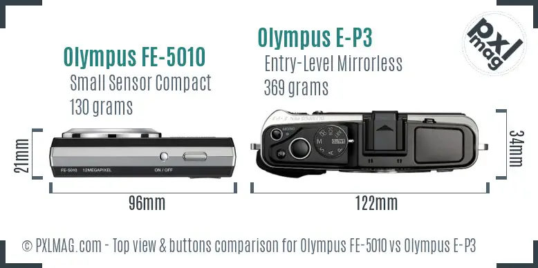 Olympus FE-5010 vs Olympus E-P3 top view buttons comparison
