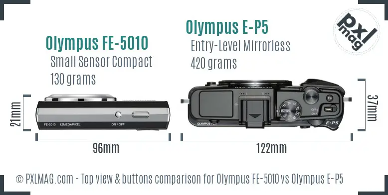 Olympus FE-5010 vs Olympus E-P5 top view buttons comparison