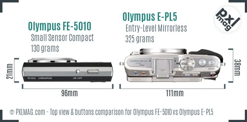 Olympus FE-5010 vs Olympus E-PL5 top view buttons comparison